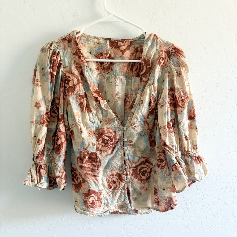 Free People found You Floral Blouse Button Down Peasant Top Ruffle Sleeve Medium - Picture 2 of 7